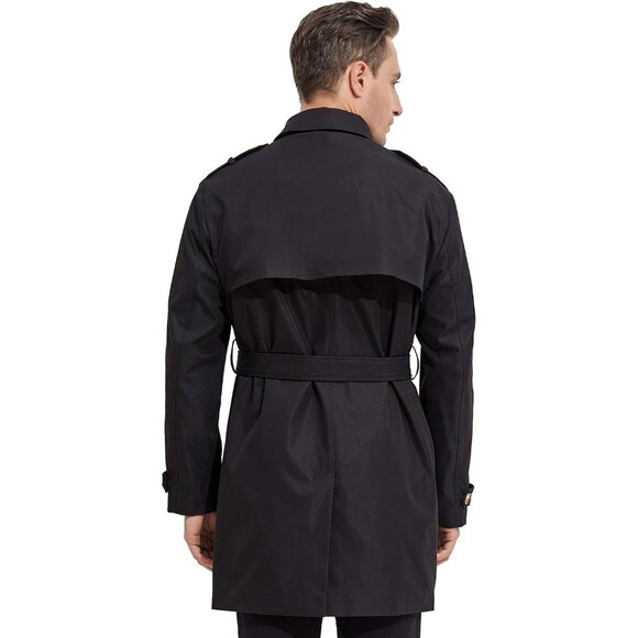 🆕 Men Black Long Double Breasted Trench Coat Belt Light Lape Windbreaker Design - Picture 2 of 6